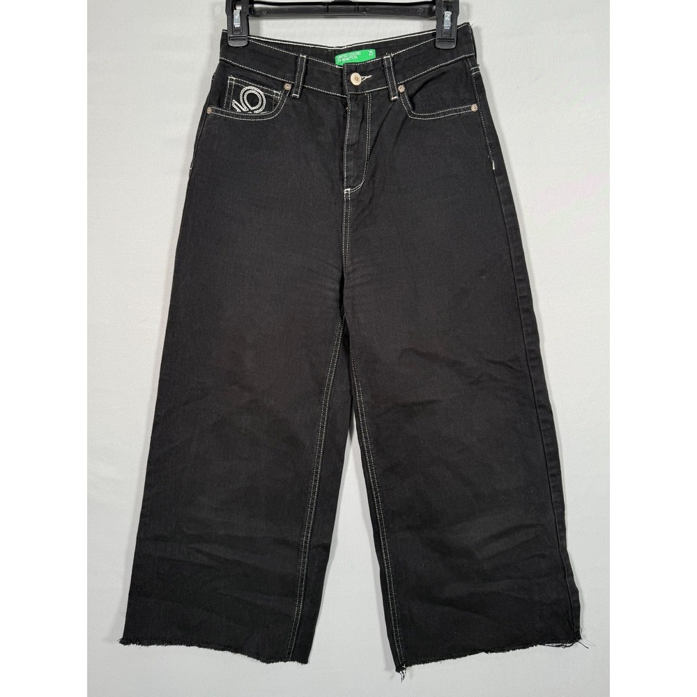 United Colors of Benetton Jeans 25 26x23" Crop Wide Denim High Rise Fringe Raw‎